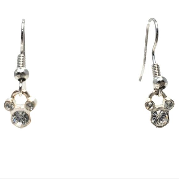 Disney Mickey Mouse White Rhinestone Dangle Earrings Silver - Picture 1 of 7
